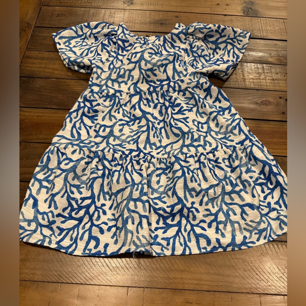 Blue and White Patterned Dress by Mango kids. Fun and comfy dress for girls.